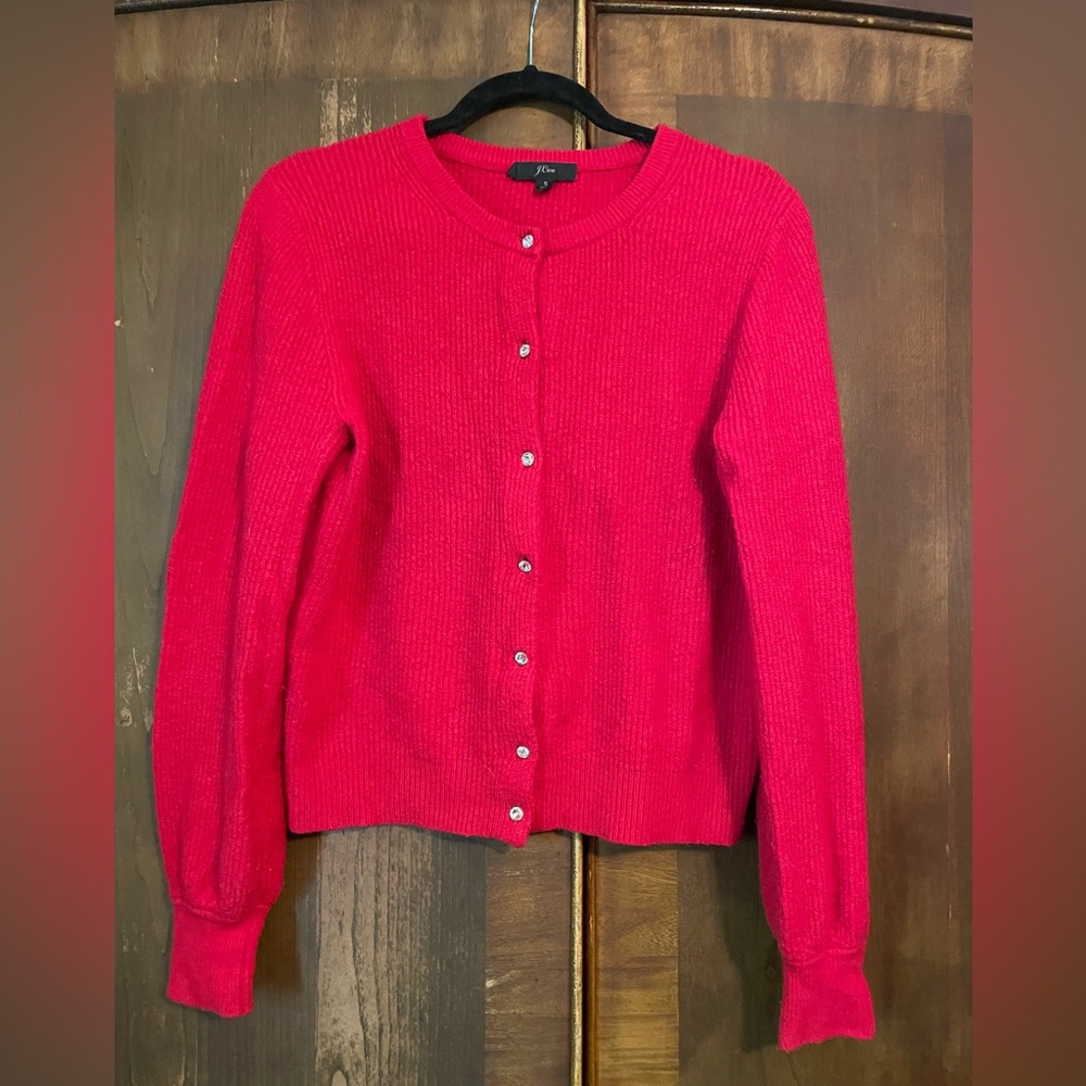 J Crew red cardigan with rhinestone buttons. Wool and alpaca blend.